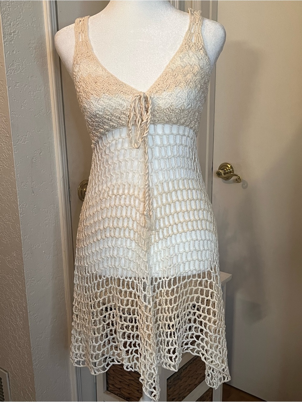 Handmade crochet boho cover-up dress untagged, cream/off-white,vintage-inspired
